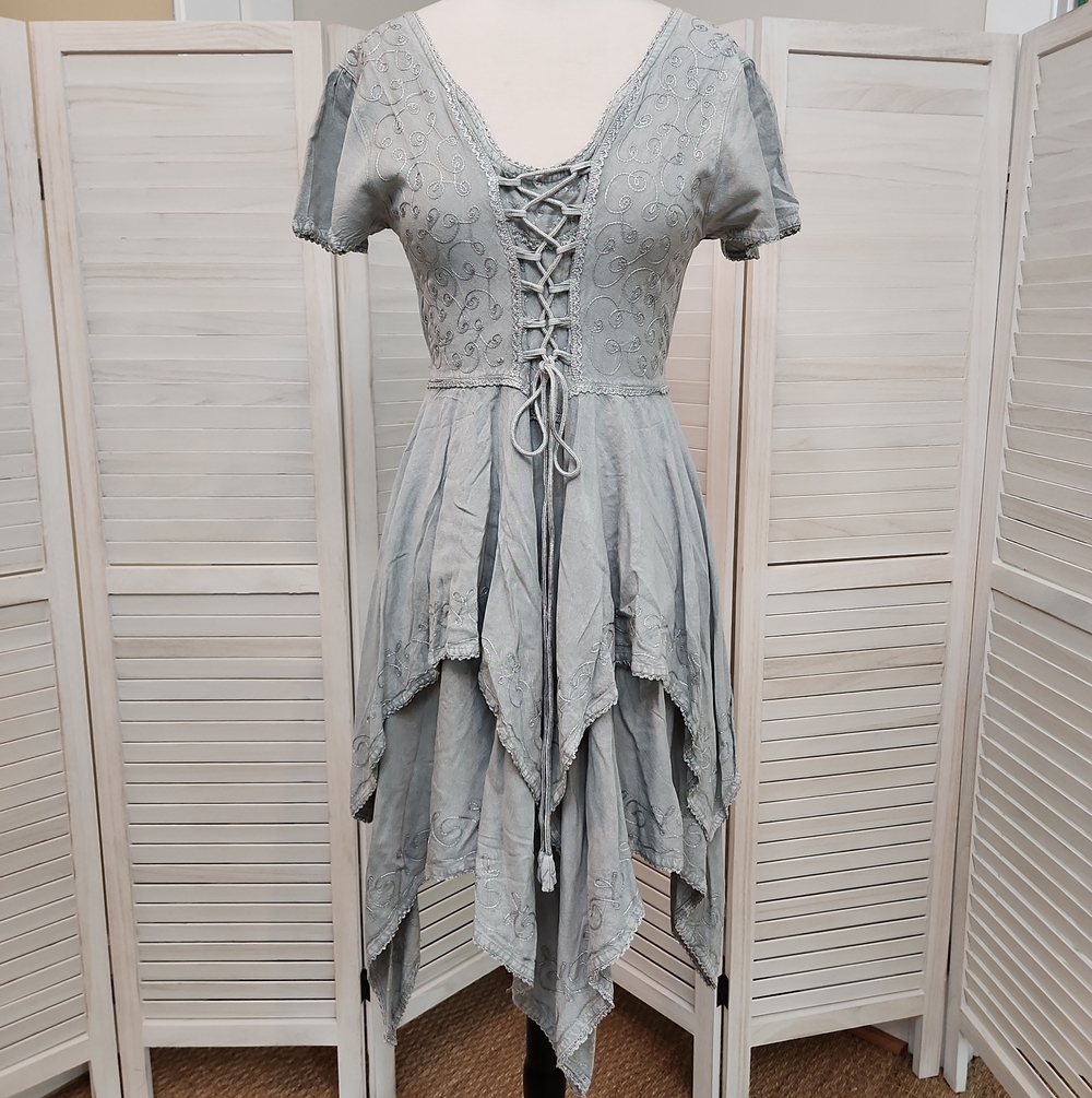 Boho Asymmetrical Lace-Up Handkerchief Hem Dress in Light Gray - Picture 1 of 5